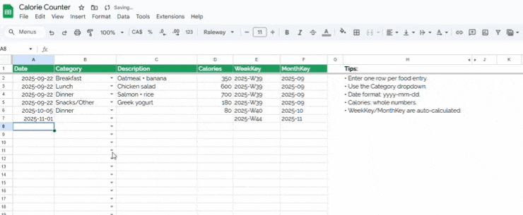 This calorie tracker spreadsheet has dropdown menus for meal choices.