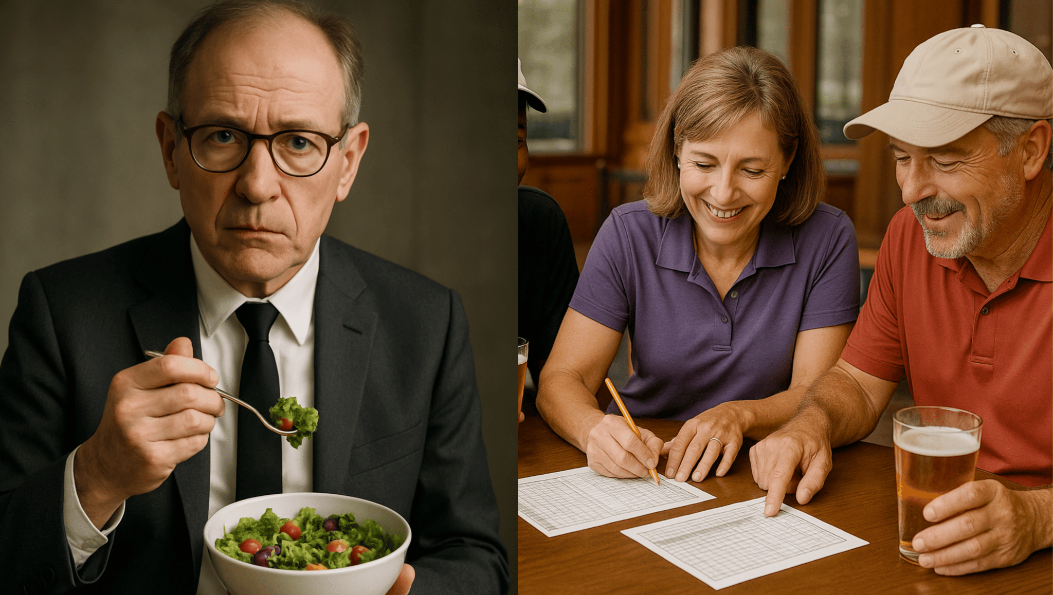 On the left, an accountant eats salad, on the left, three adults track calories on a spreadsheet.