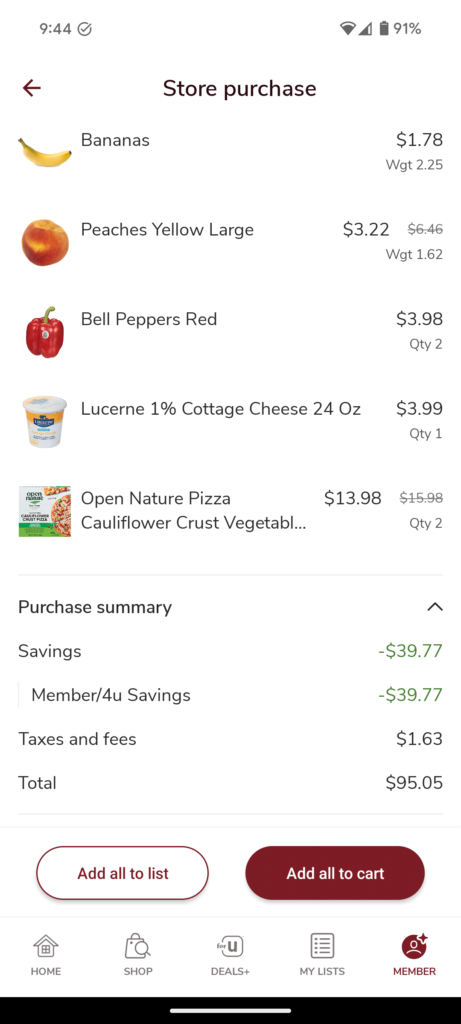 A Jewel Osco receipt showing discounts on food and discounts from coupons.