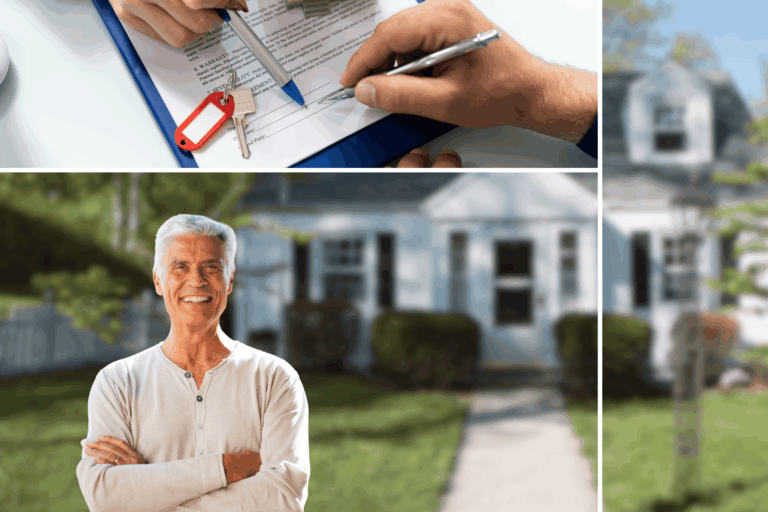 A collage showing a man in front of a house considering a 50 year mortgage.