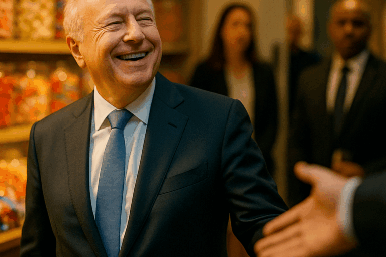 A billionaire in a candy store meeting a business owner