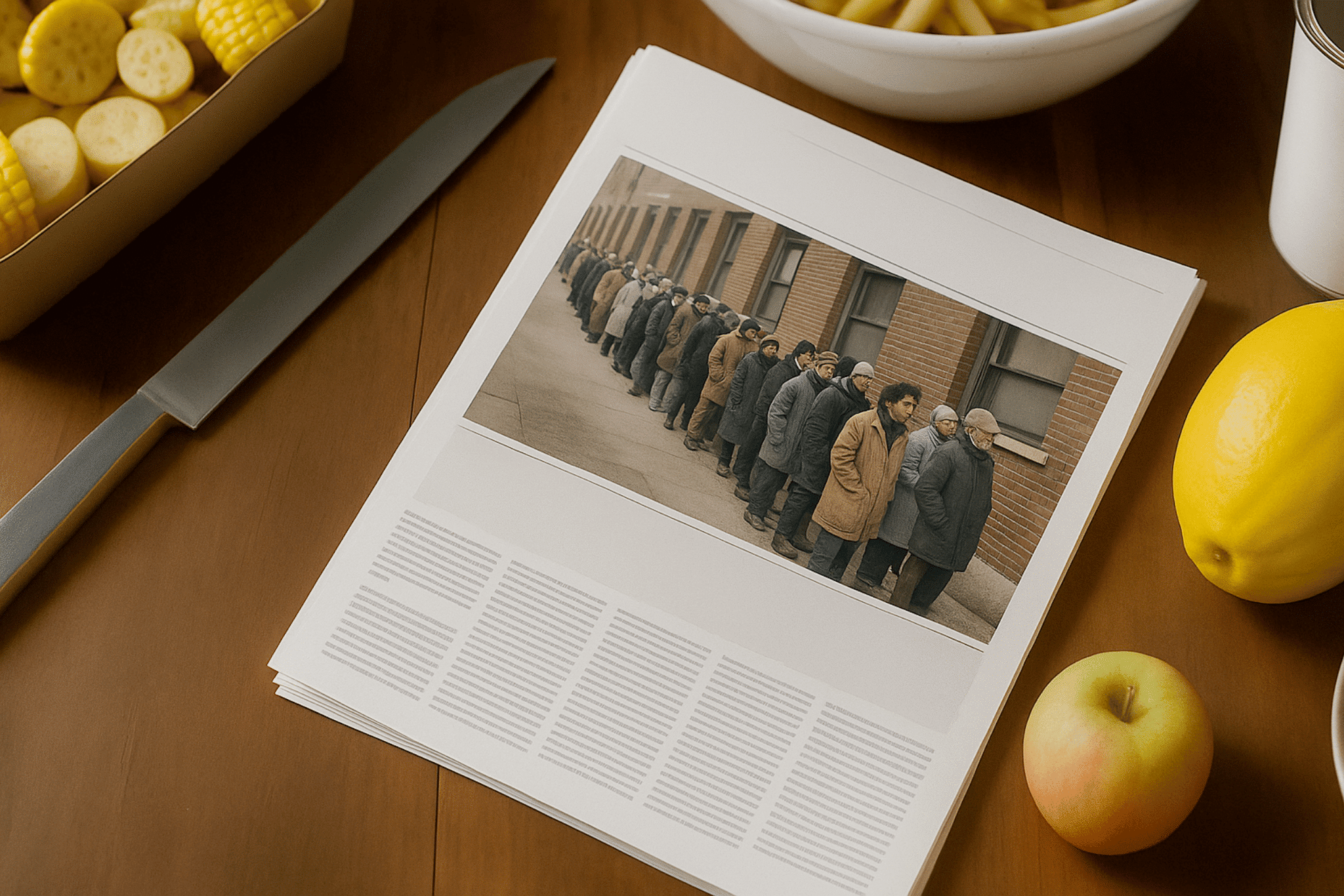 A newspaper with a photo of a bread line.