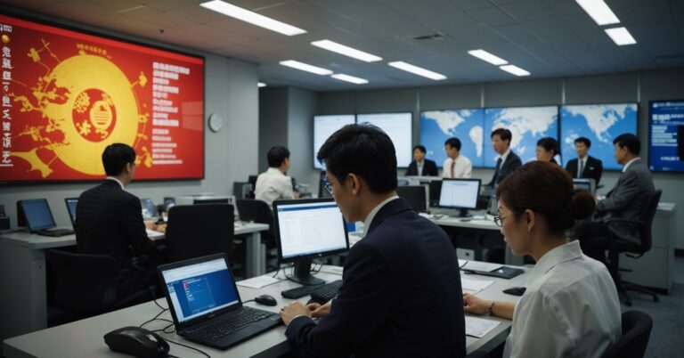 Office workers in China with a world map in the background.
