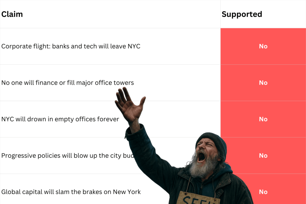 Claims vs reality supported by a chart with a man preaching in the foreground.