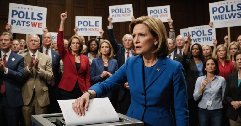 A politician in a blue power suit submitting a vote in a voting machine.