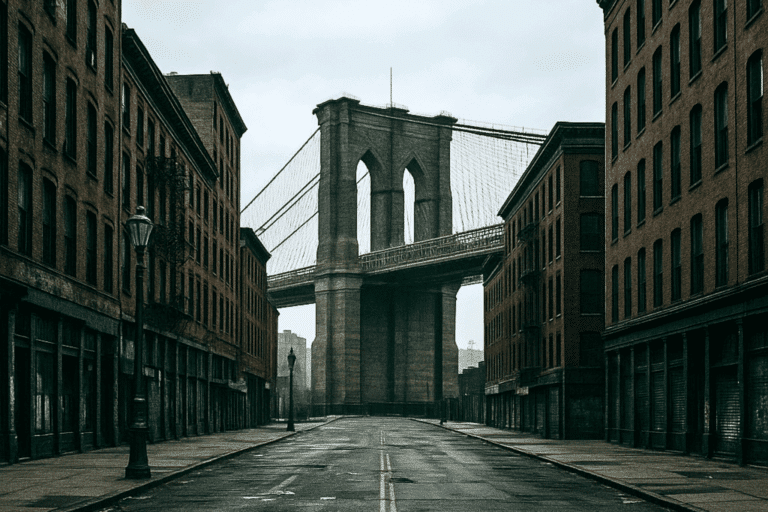 A street in New York overlooking the Brooklyn bridge.