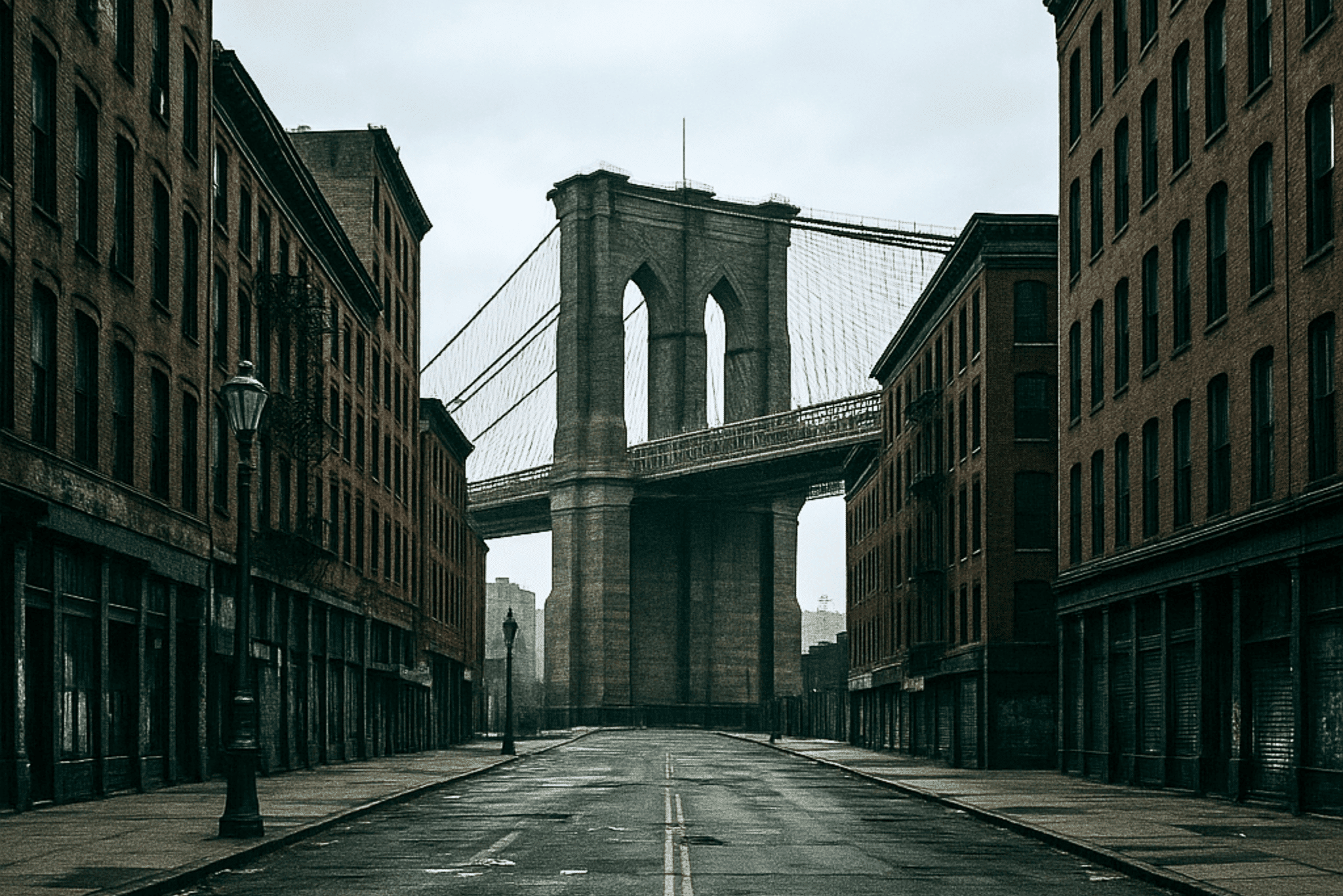 A street in New York overlooking the Brooklyn bridge.