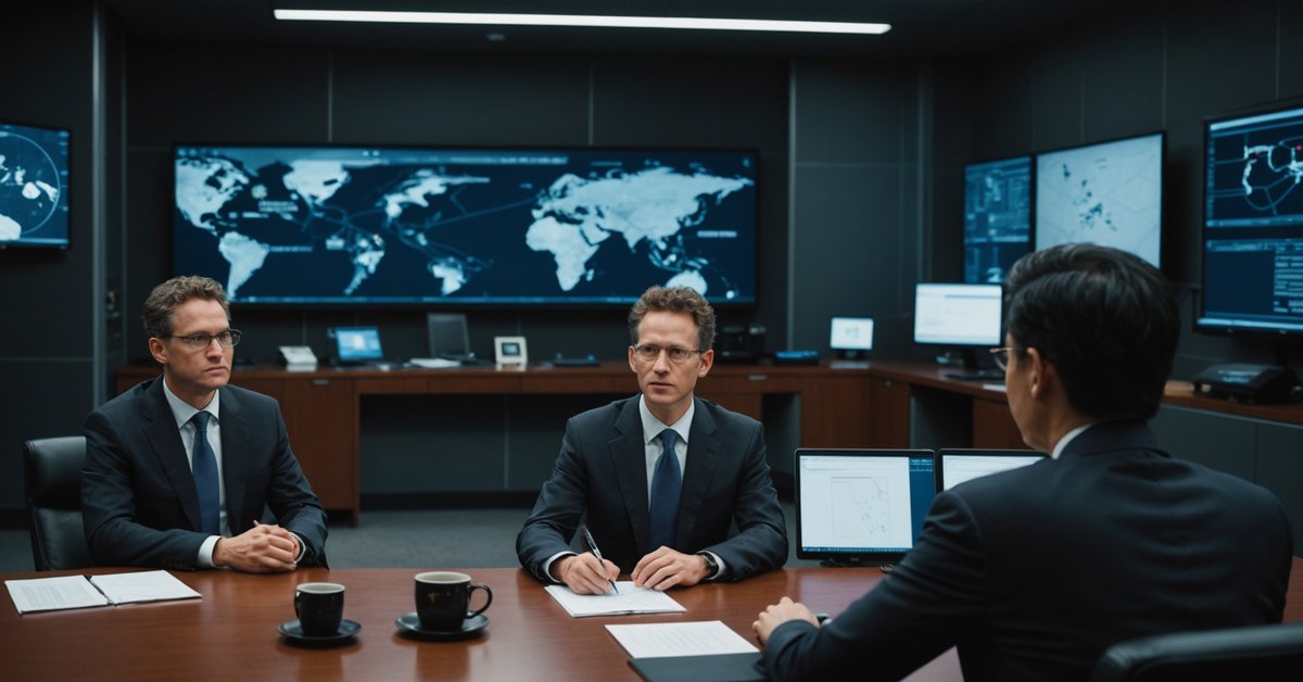 Executives in a meeting room with a world map in the background.
