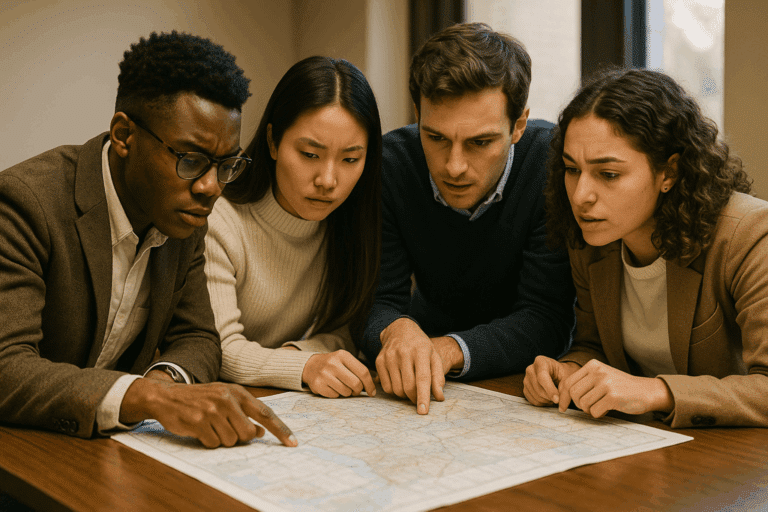 A team of ivy-league grads evaluates a map.