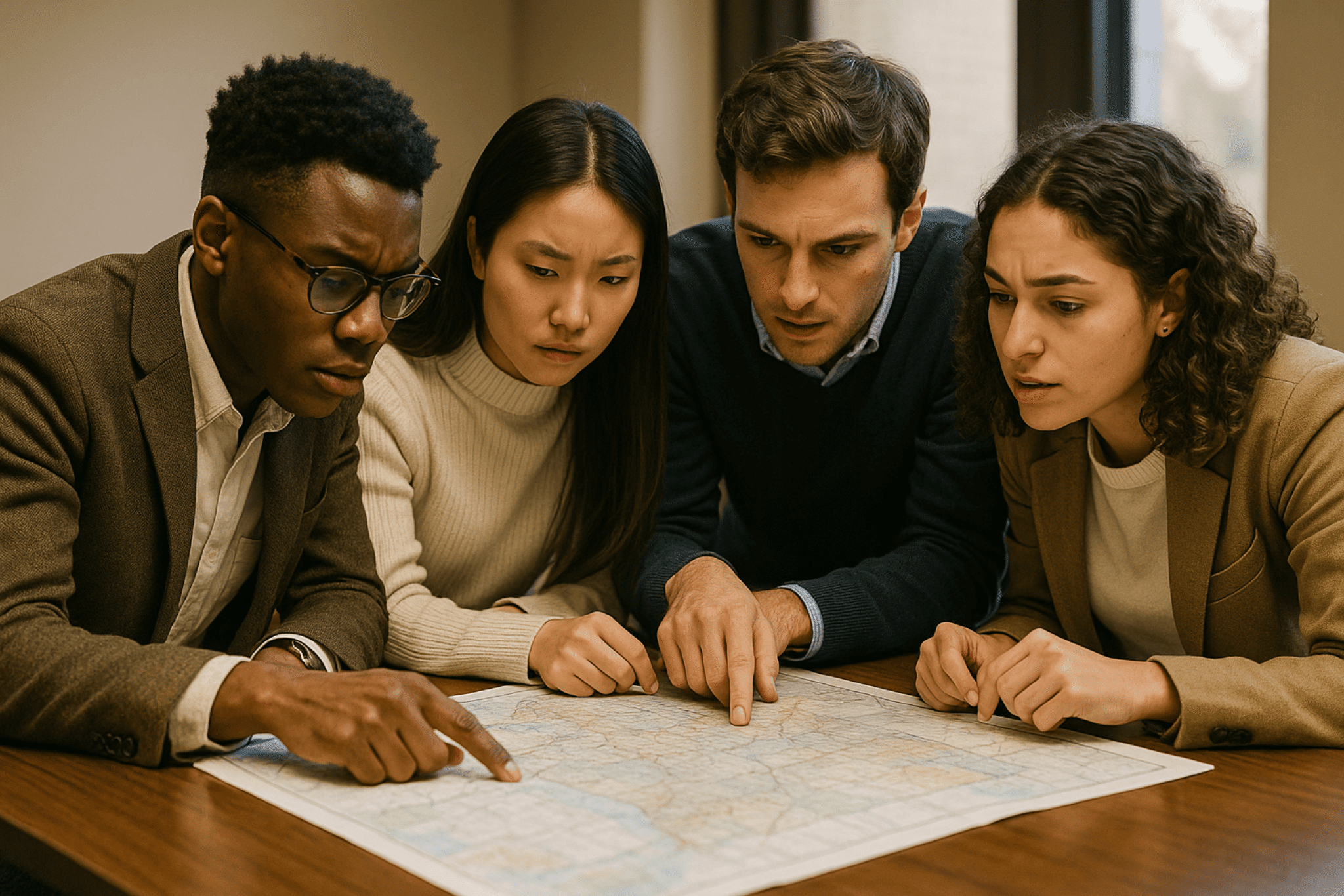 A team of ivy-league grads evaluates a map.