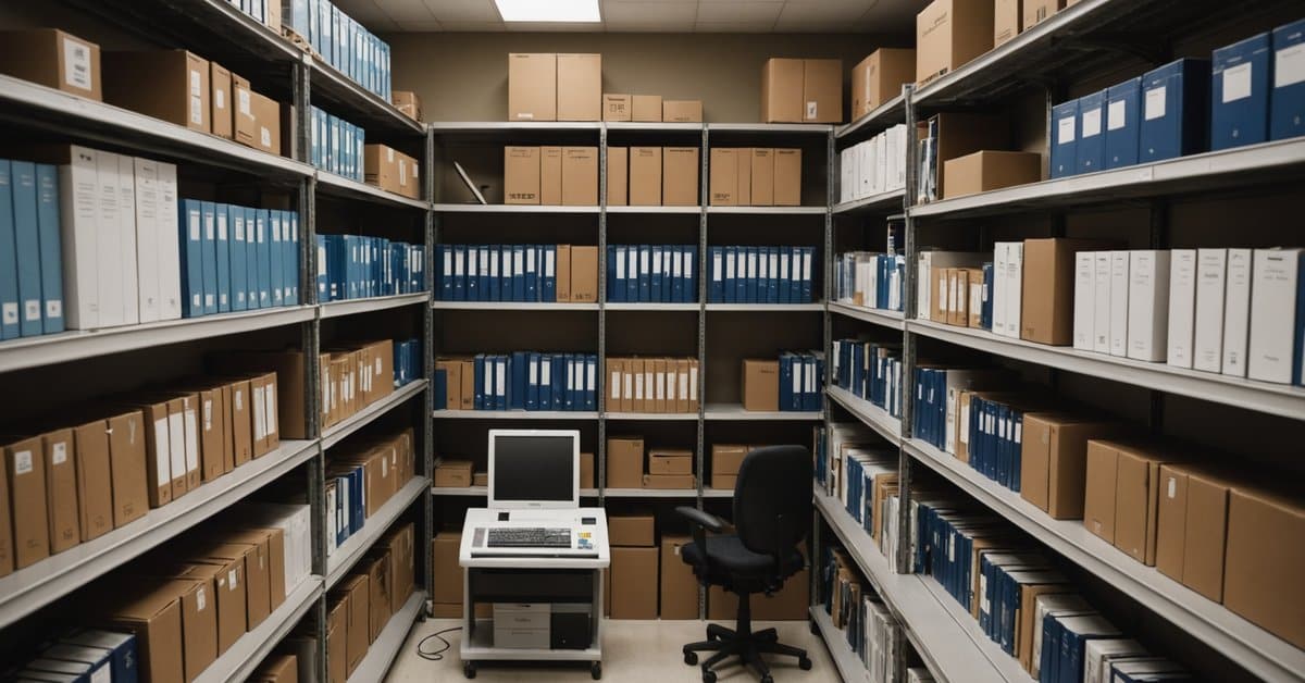 A filing room with an office chair and a computer.