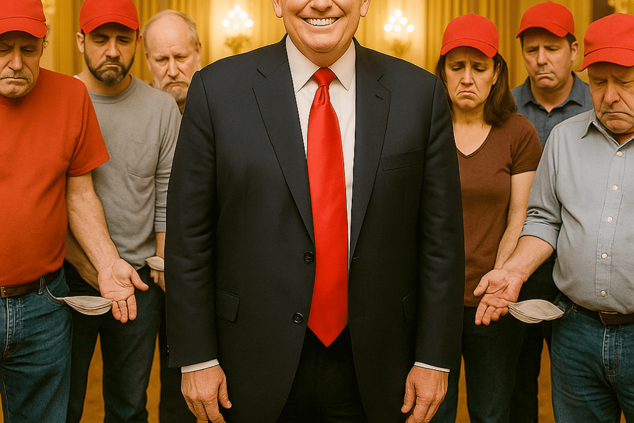 A man with a red tie and a wide smile stands in a golden ballroom surrounded by Americans with empty pockets.