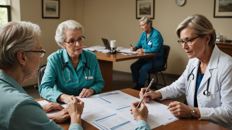 A group of senior citizens around a table discussing medicare premium increases.