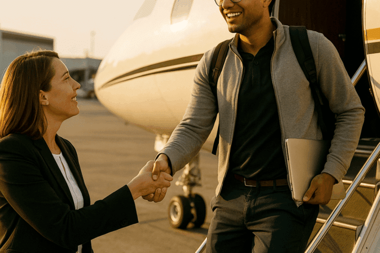 A big tech employee disembarks from a private jet and shakes hands with an HR person.