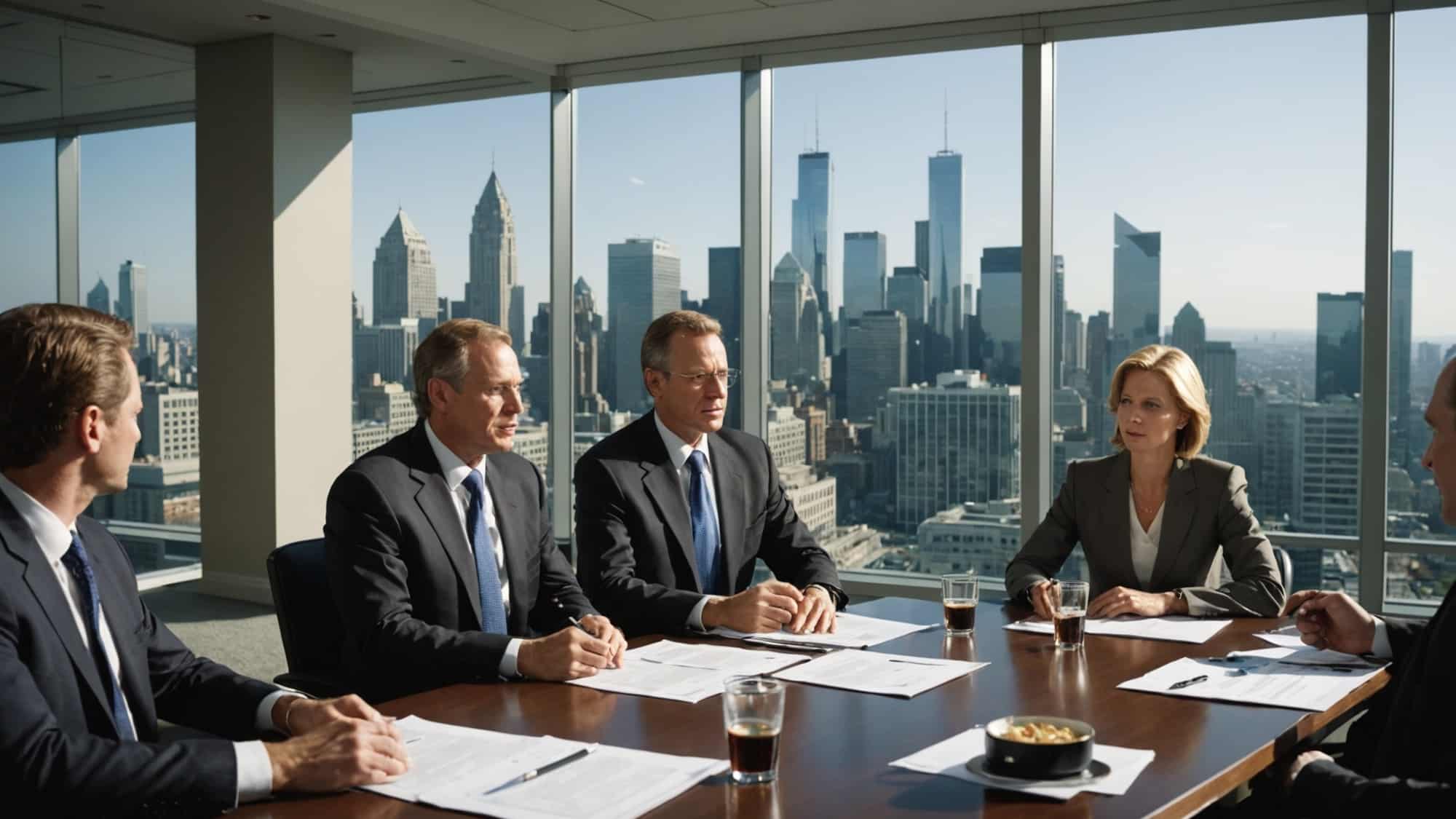Real estate executives in a board room overlooking the New York skyline.