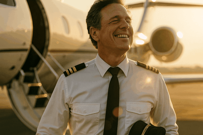 a pilot squints in the sunlight in front of a private jet.