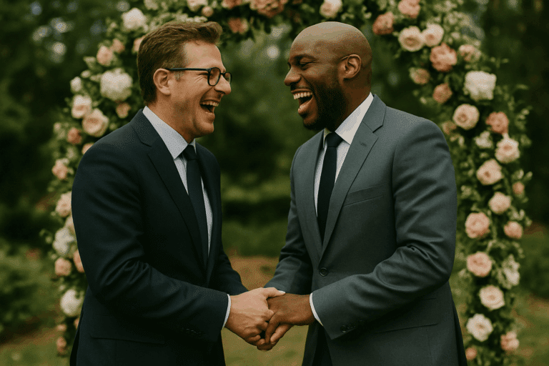 Two men standing in front of a flower arch, holding hands and laughing.