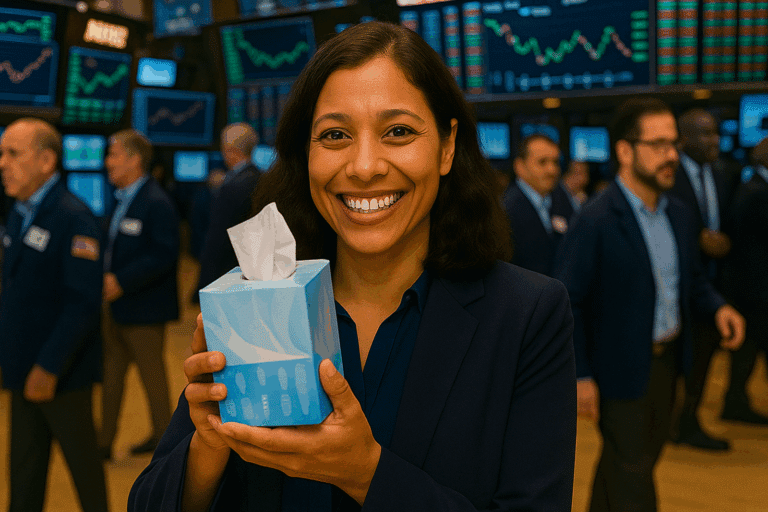 A woman holding a box of tissues on the stock trading floor.