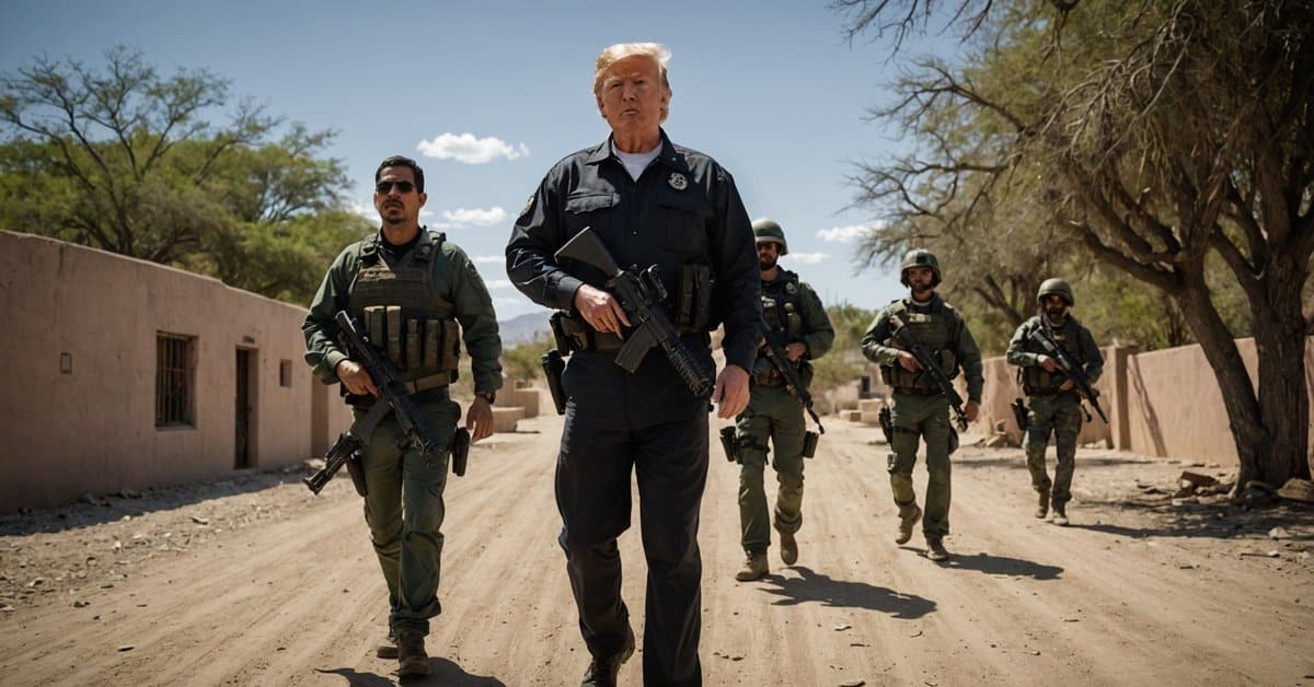 A surreal image of a young-looking Trump leading military members in Mexico.