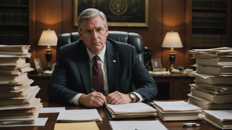 A lawyer at a desk behind stacks of papers.