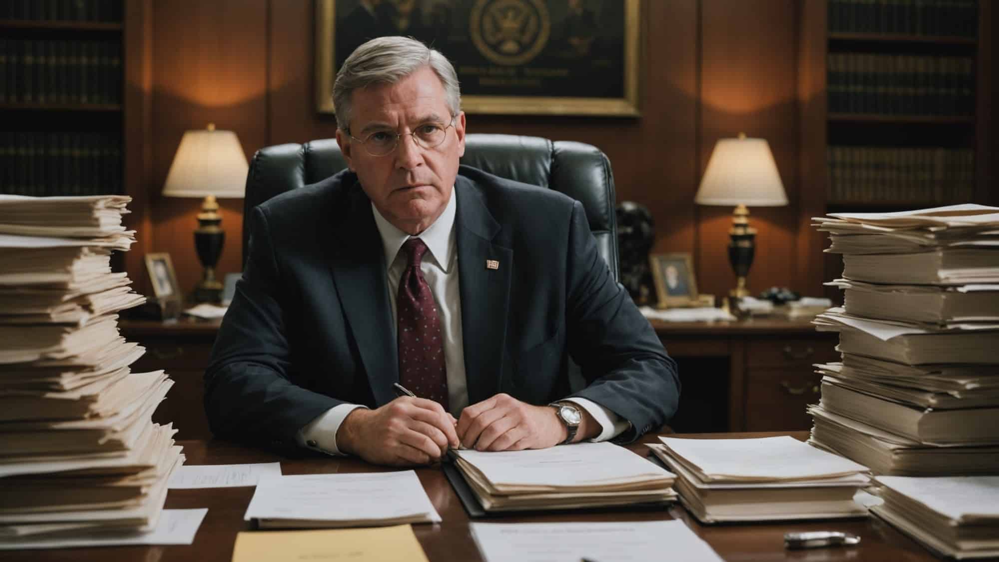 A lawyer at a desk behind stacks of papers.