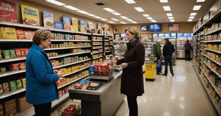 A woman stands in line at a checkout counter in an american grocery store.