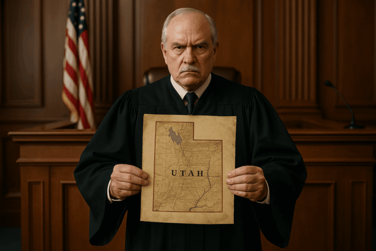 A judge holding a map of Utah.
