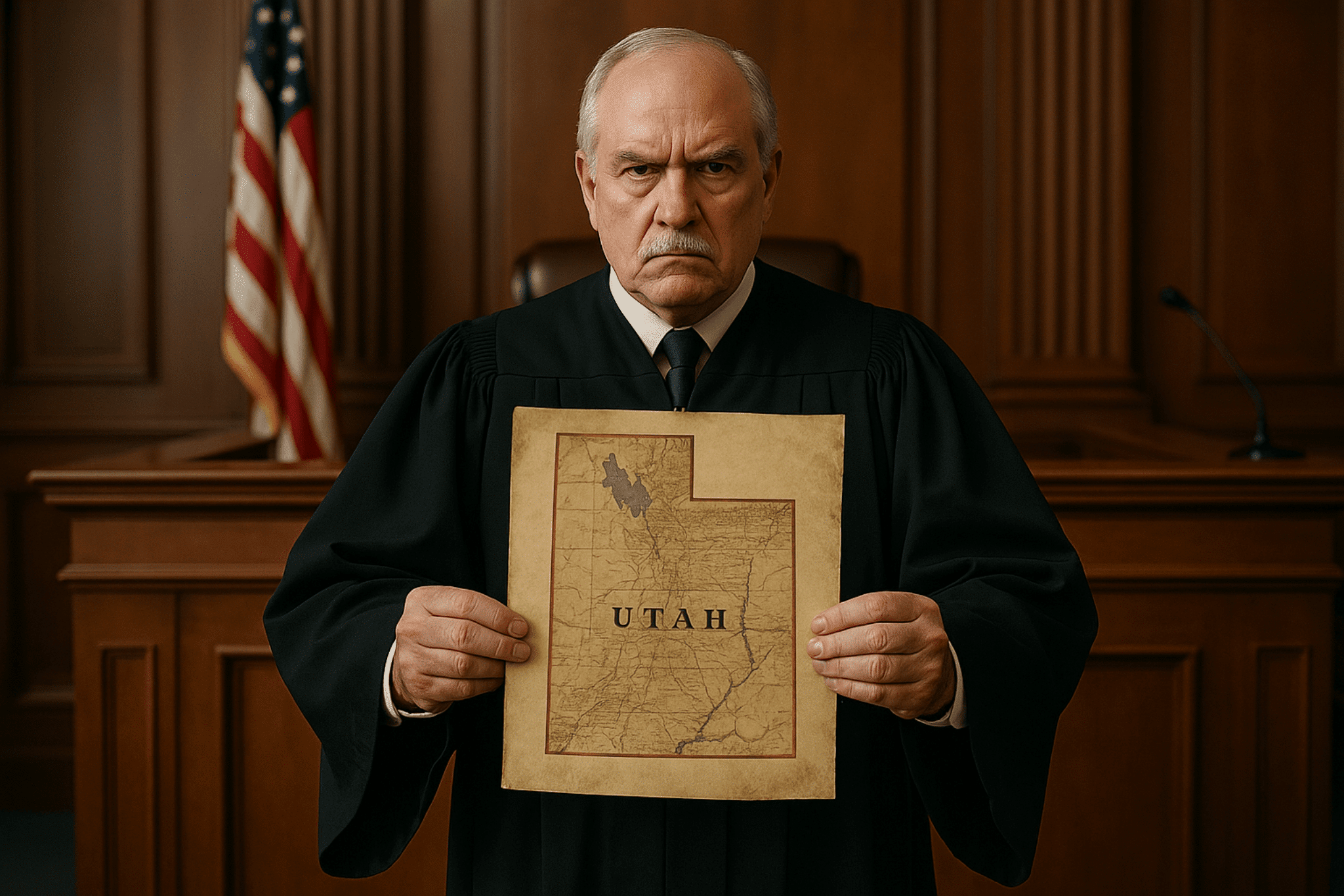 A judge holding a map of Utah.