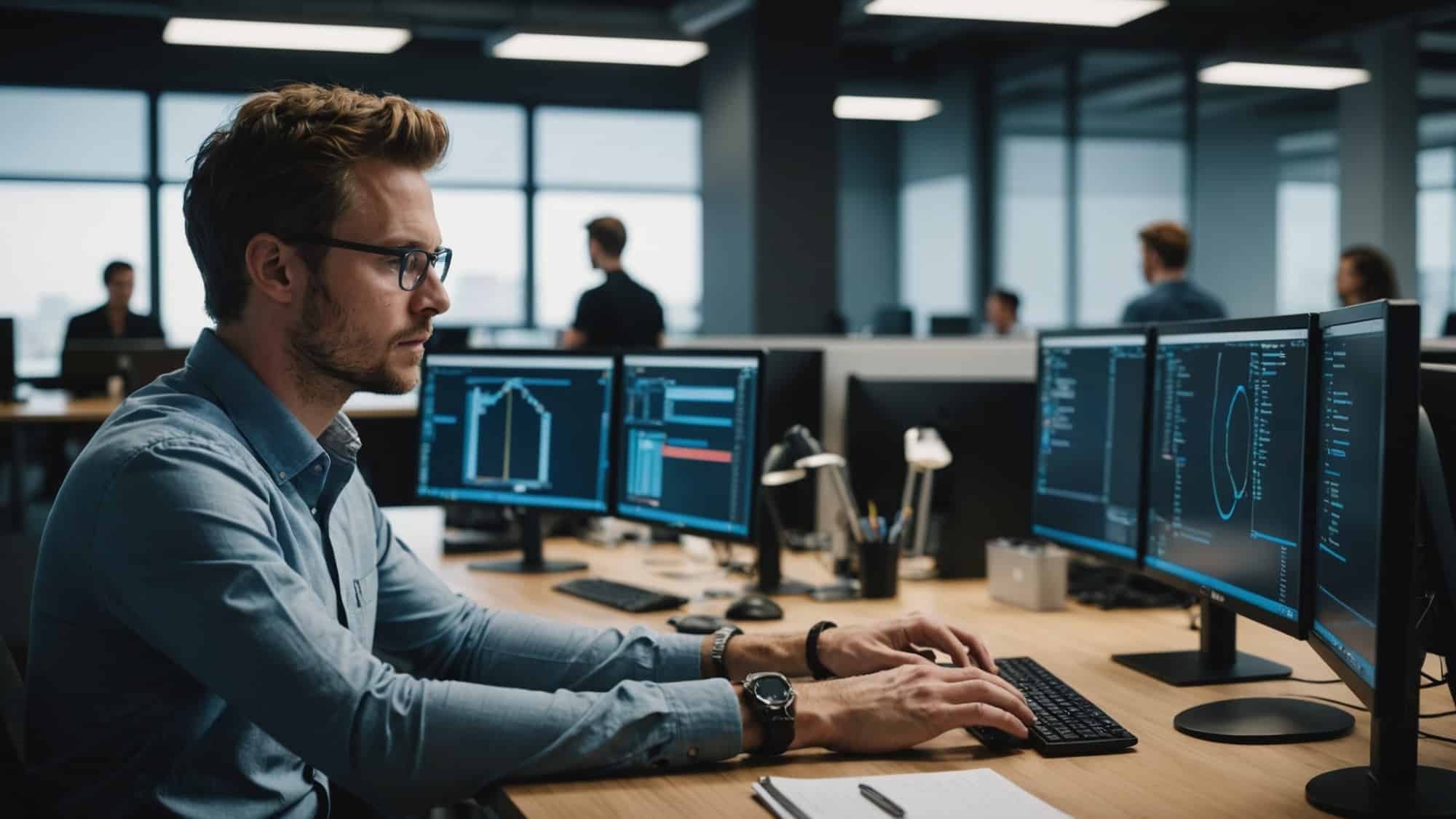 A man programs video games in a tech office.