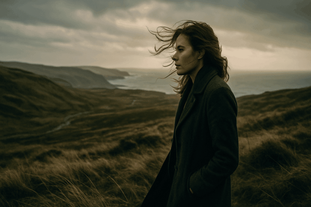 A woman overlooking a windswept countryside.