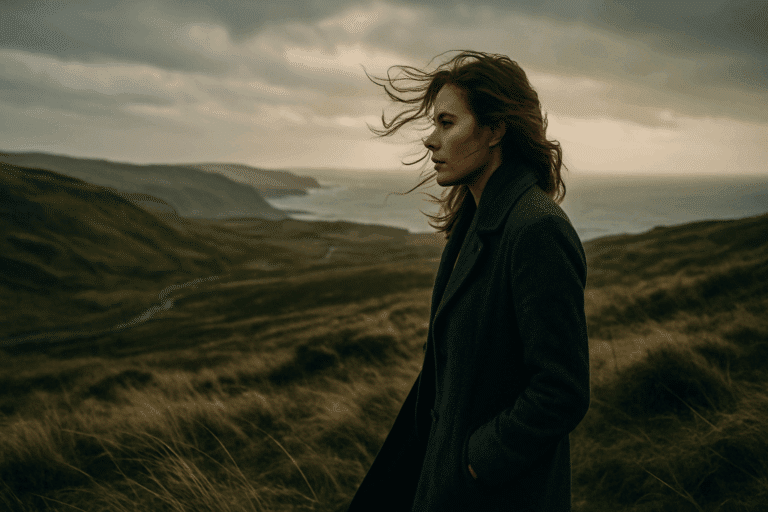 A woman overlooking a windswept countryside.
