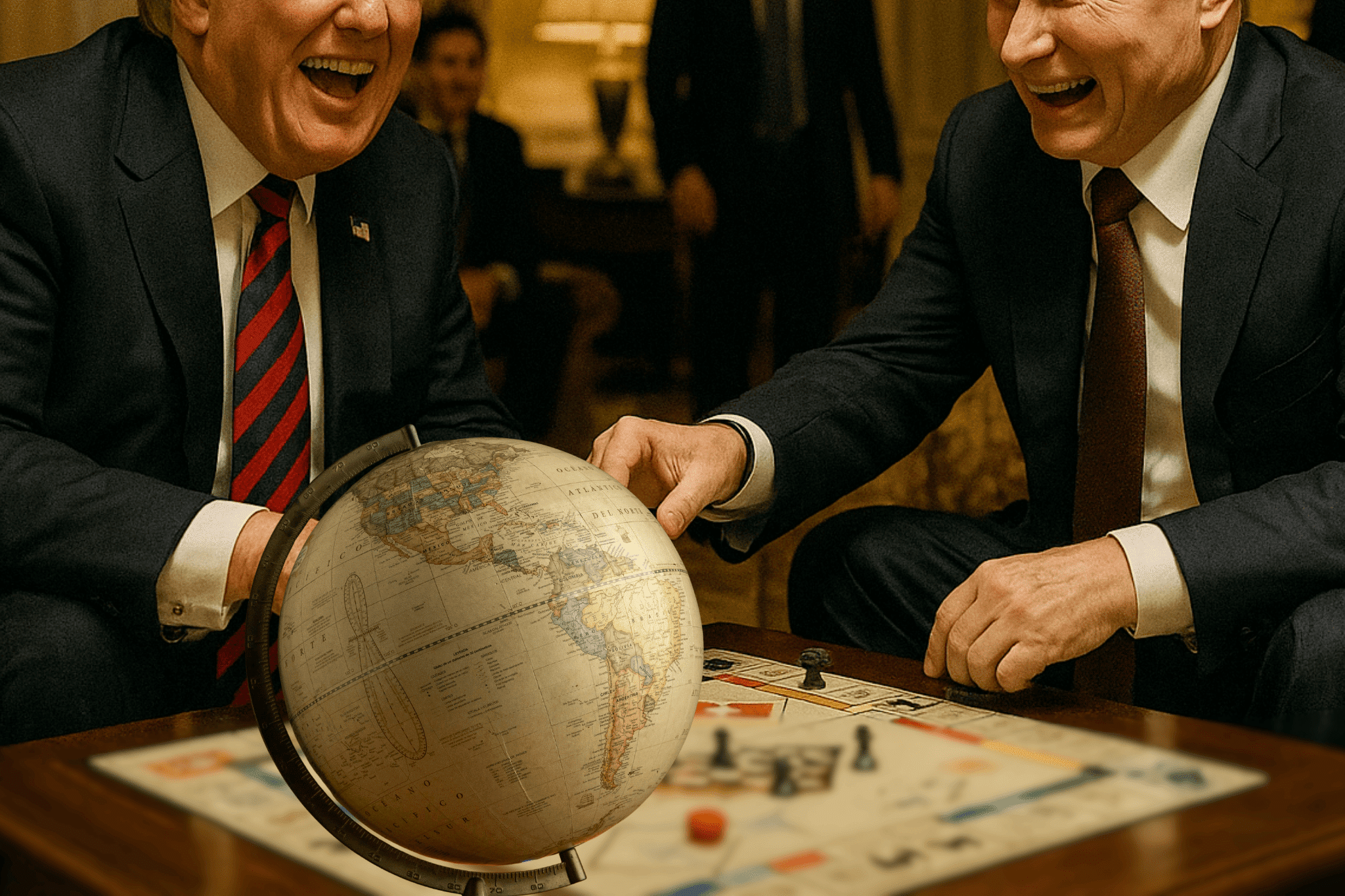 two world leaders playing board games with a globe