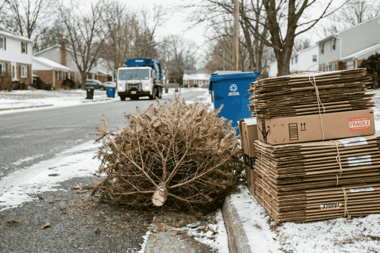 A christmas tree and cardboard boxes out by the curb.