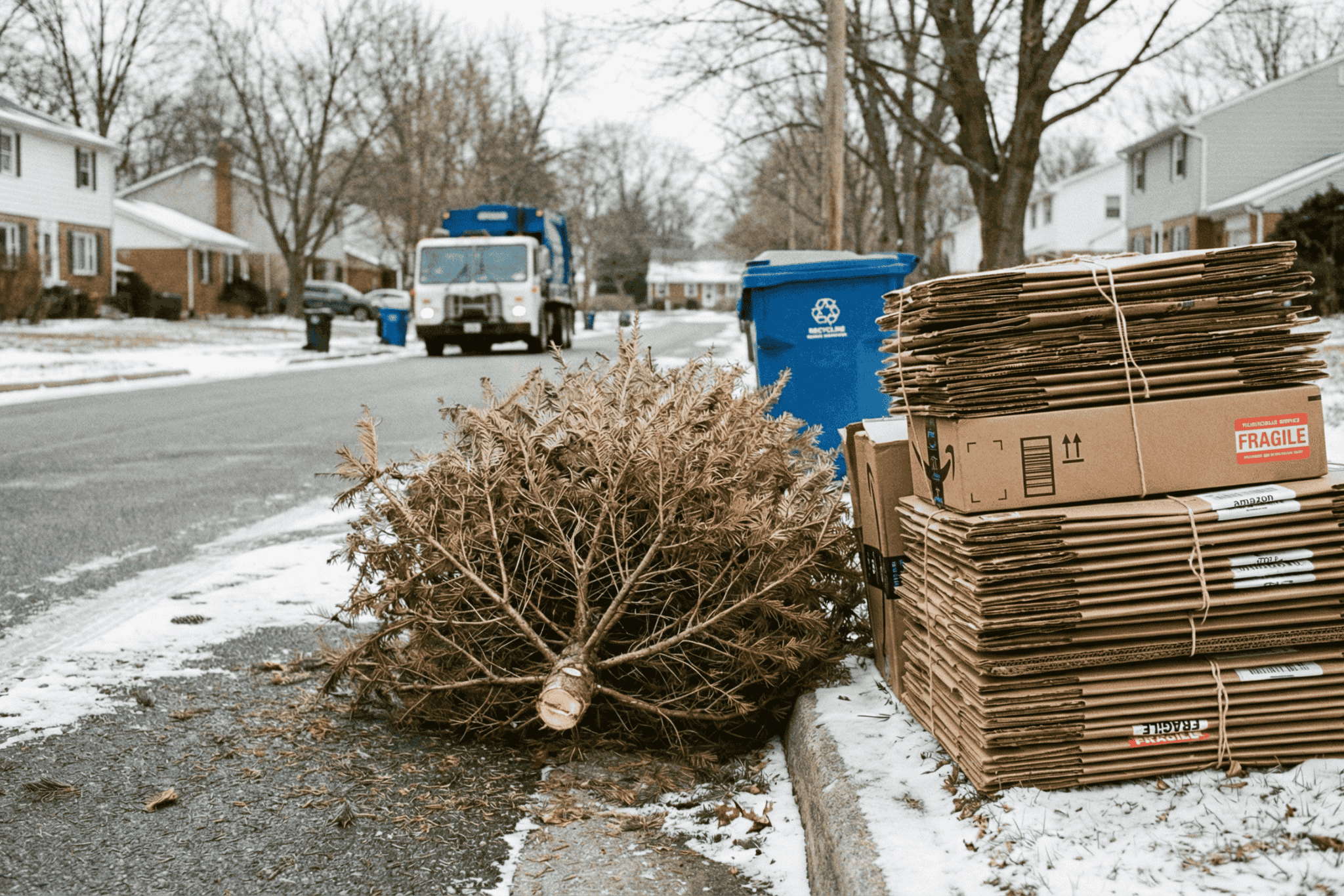 A christmas tree and cardboard boxes out by the curb.