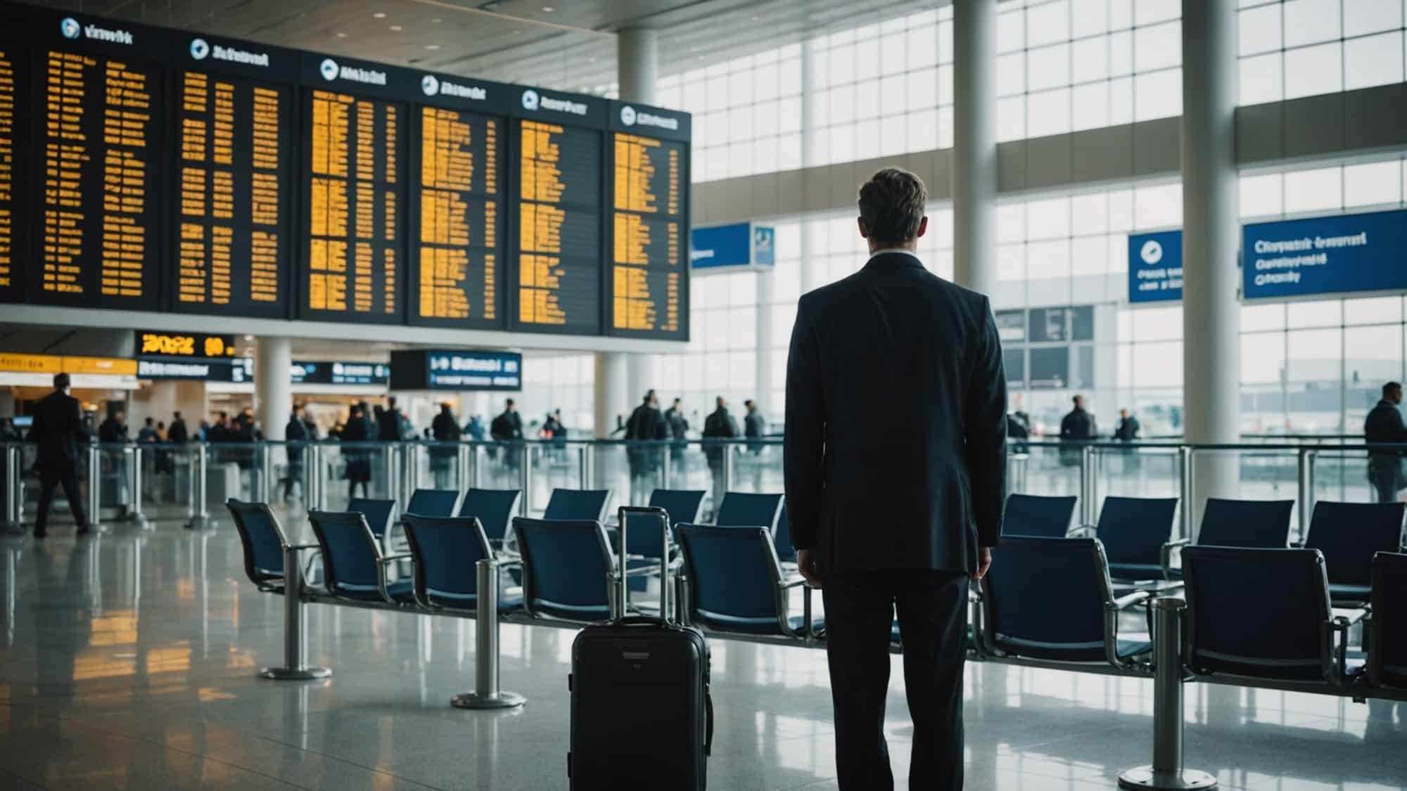 A Canadian businessman at an airport, looking away.
