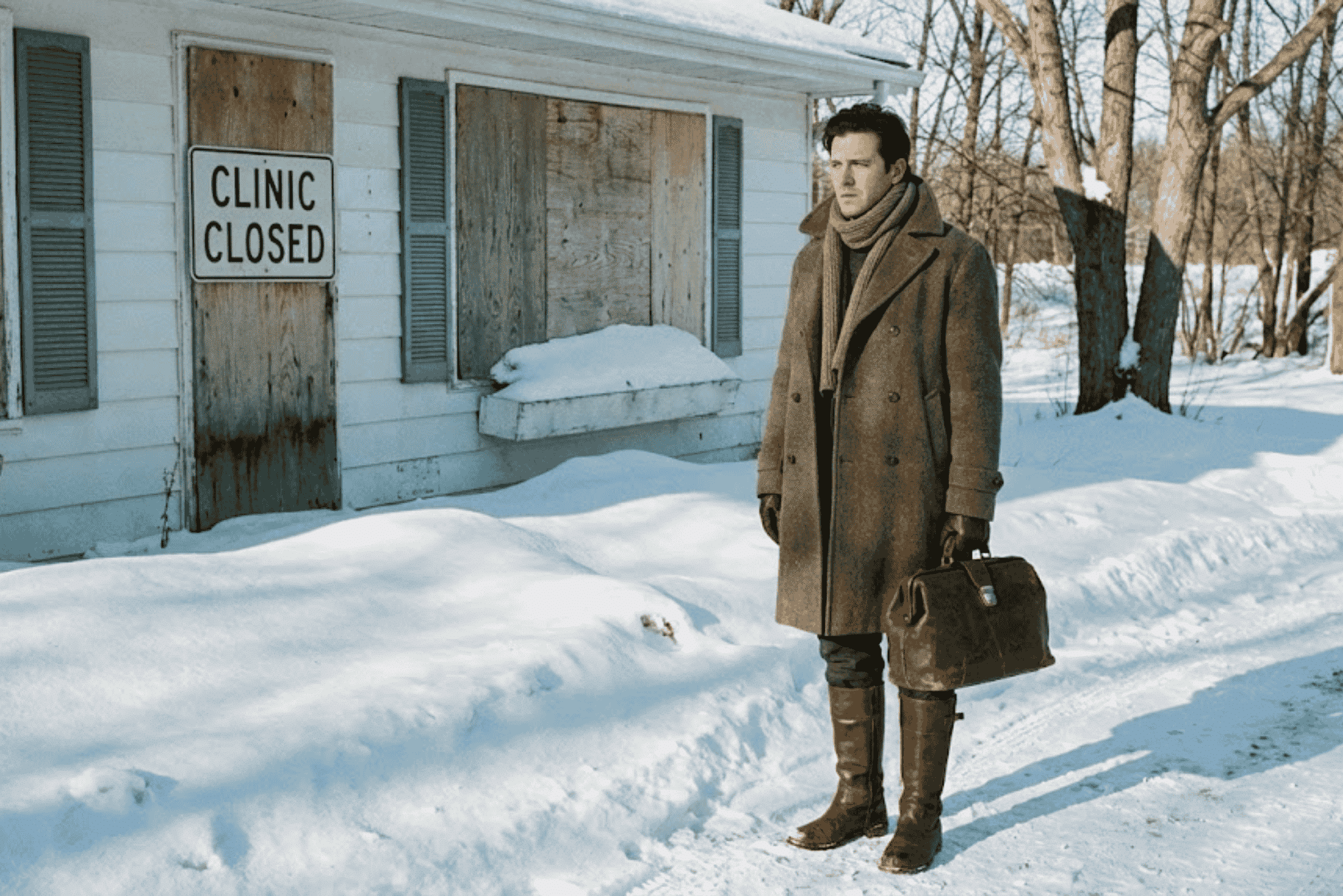 Rendering of a doctor outside of a closed clinic.