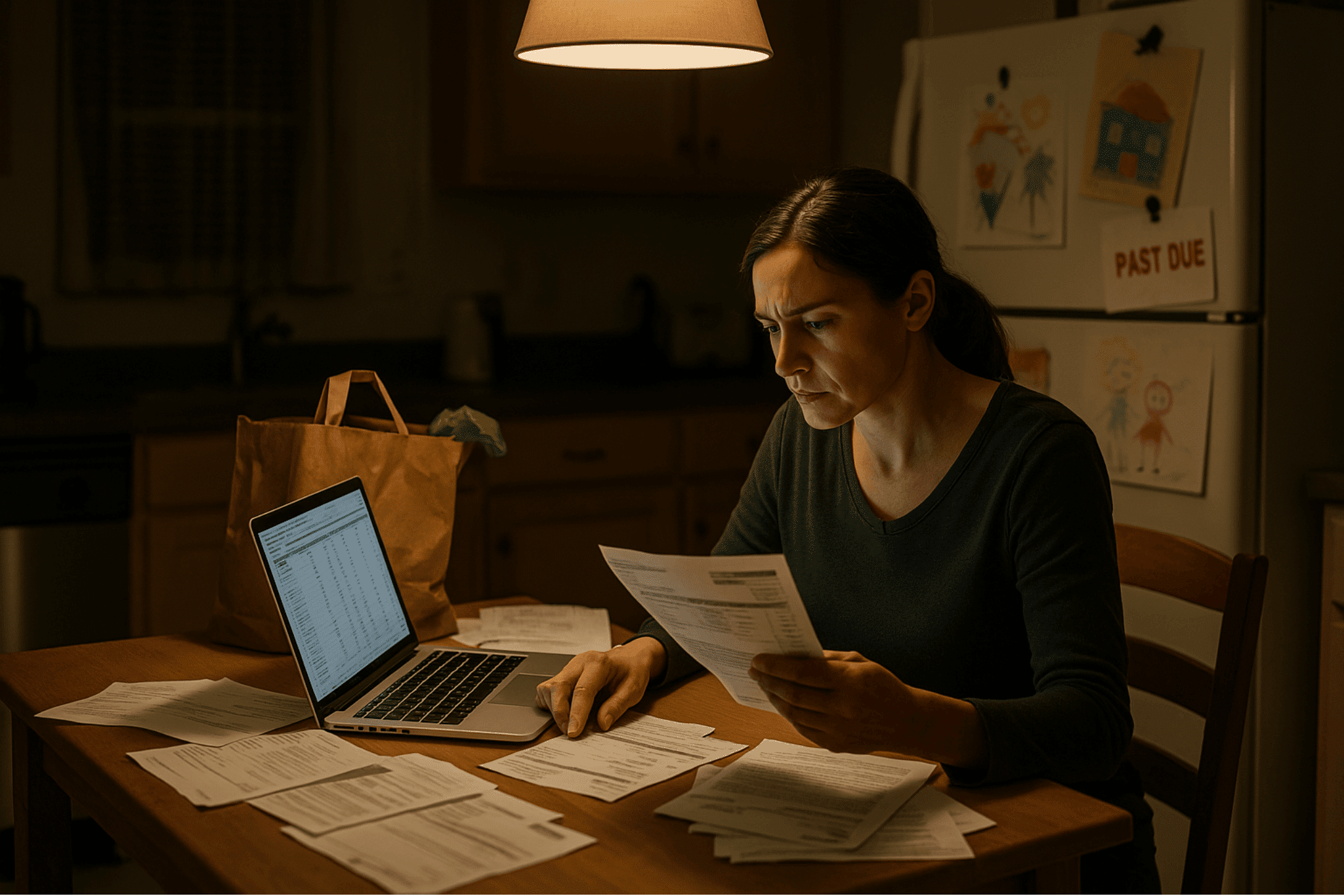 An American woman at a table looking at bills.