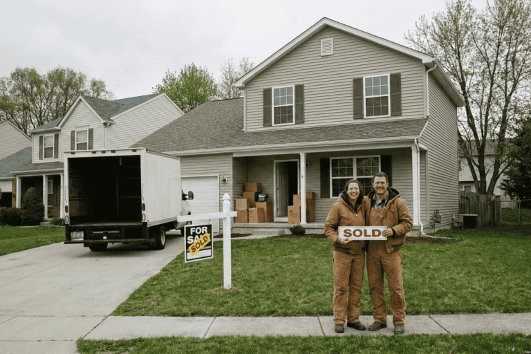 A couple standing in front of a new home purchased with a lower rate.
