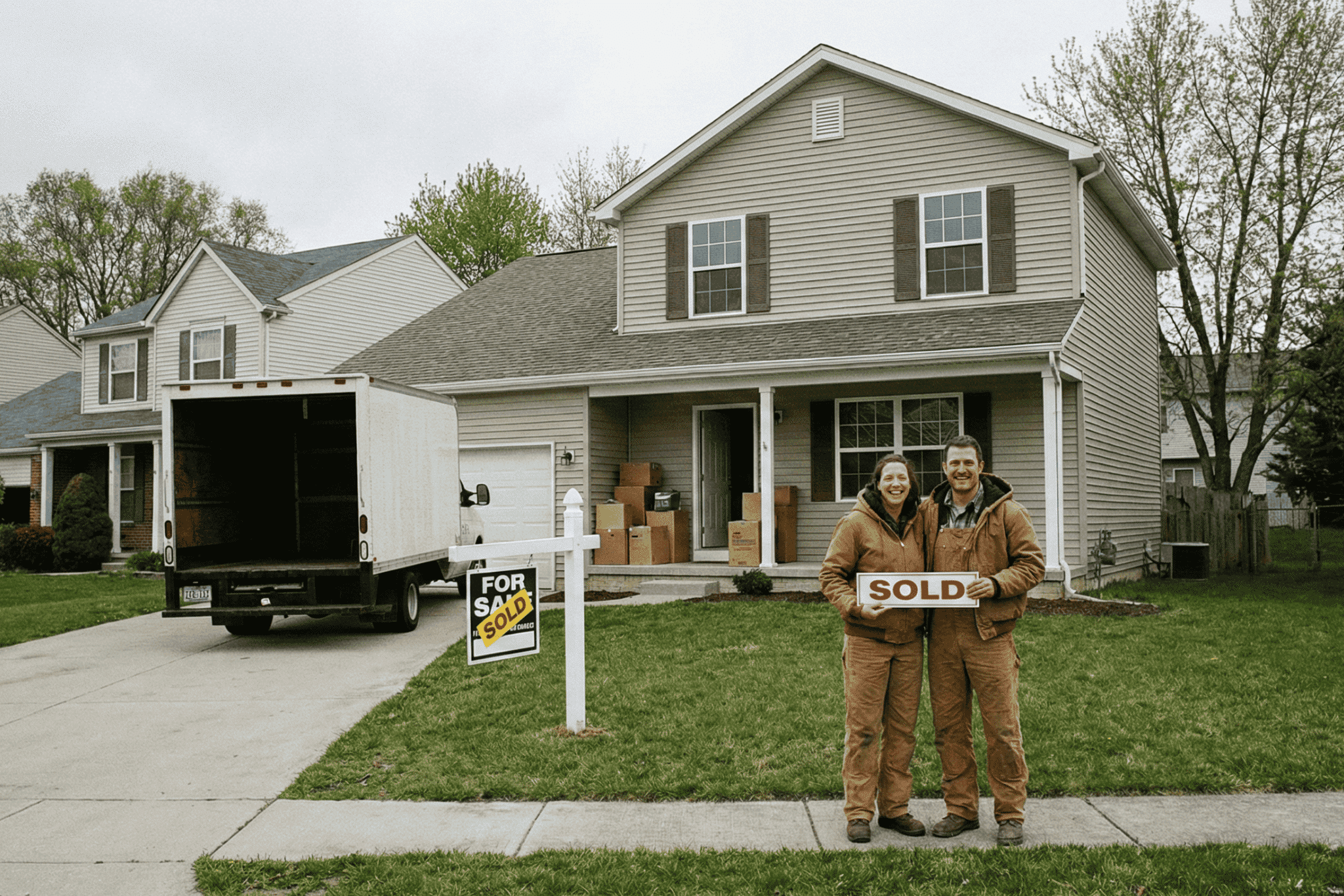 A couple standing in front of a new home purchased with a lower rate.