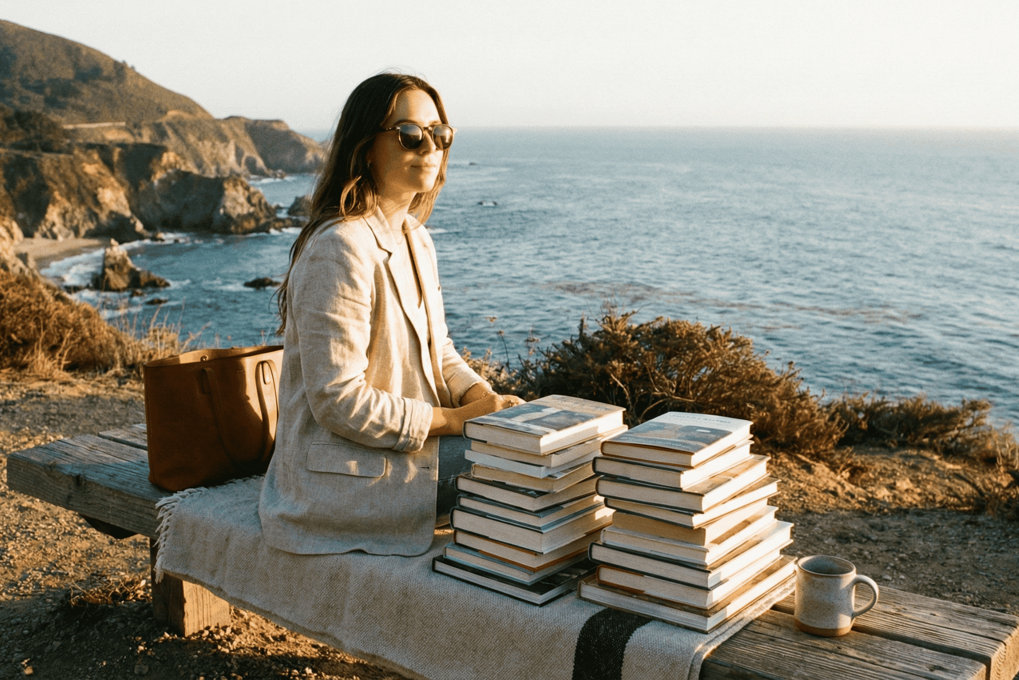 A woman on the coast next to a stack of books.