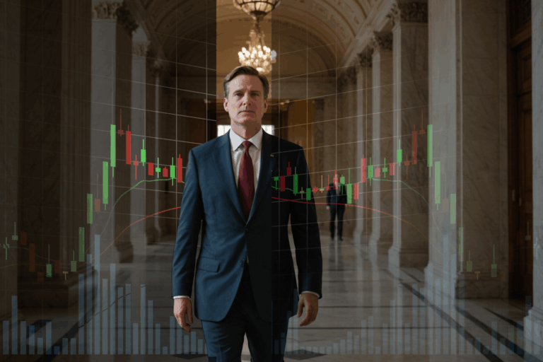 A congressman in government with stock ticker overlays.