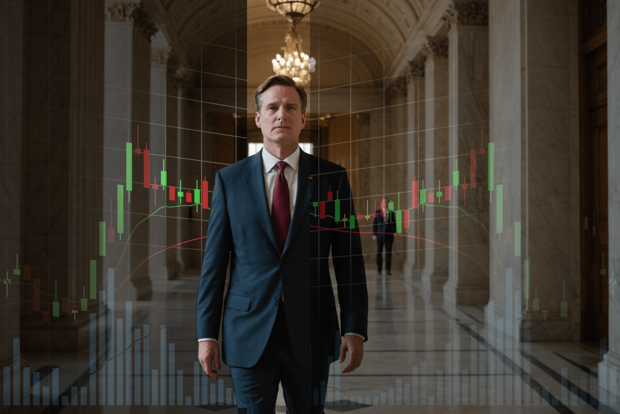 A congressman in government with stock ticker overlays.