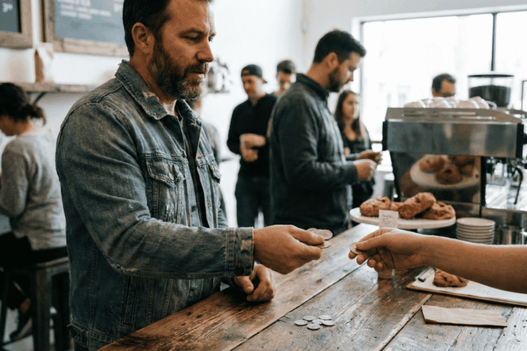 A customer paying for coffee at a small business.