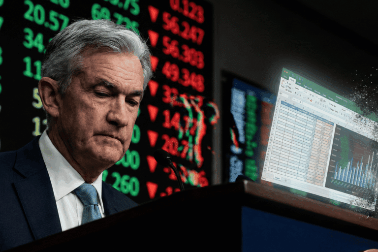 Rendering of Powell looking at the lectern with a spreadsheet