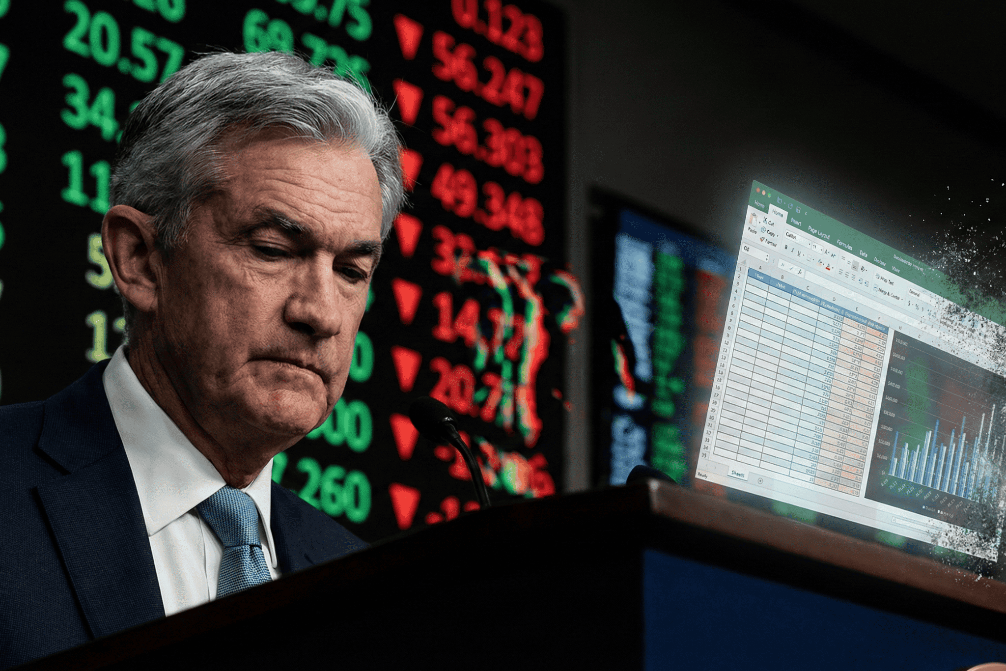 Rendering of Powell looking at the lectern with a spreadsheet