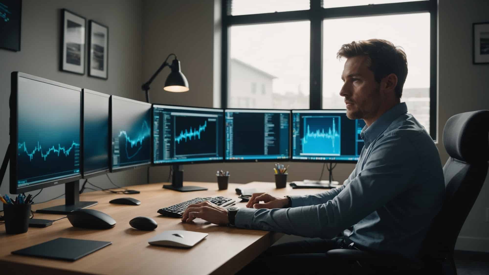 An investor at a computer with several monitors tracking stock prices for AI companies.