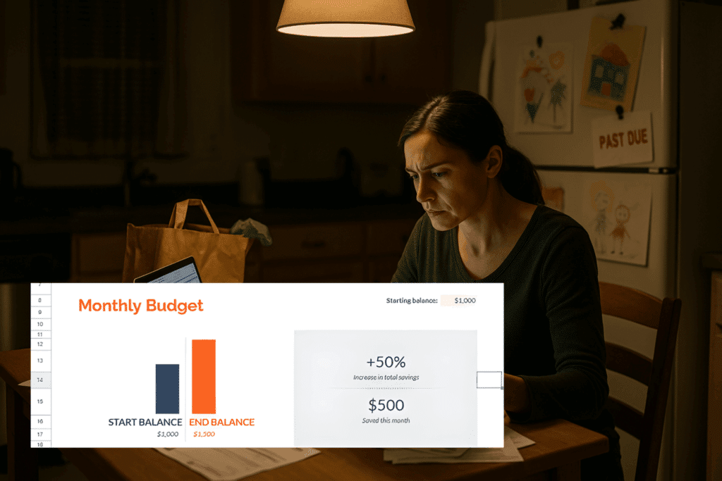 A monthly budget spreadsheet overlaid against a woman looking at rising bills.