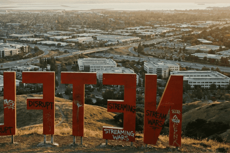 The back of a streaming sign in Silicon Valley, rendered to look like the Netflix logo.