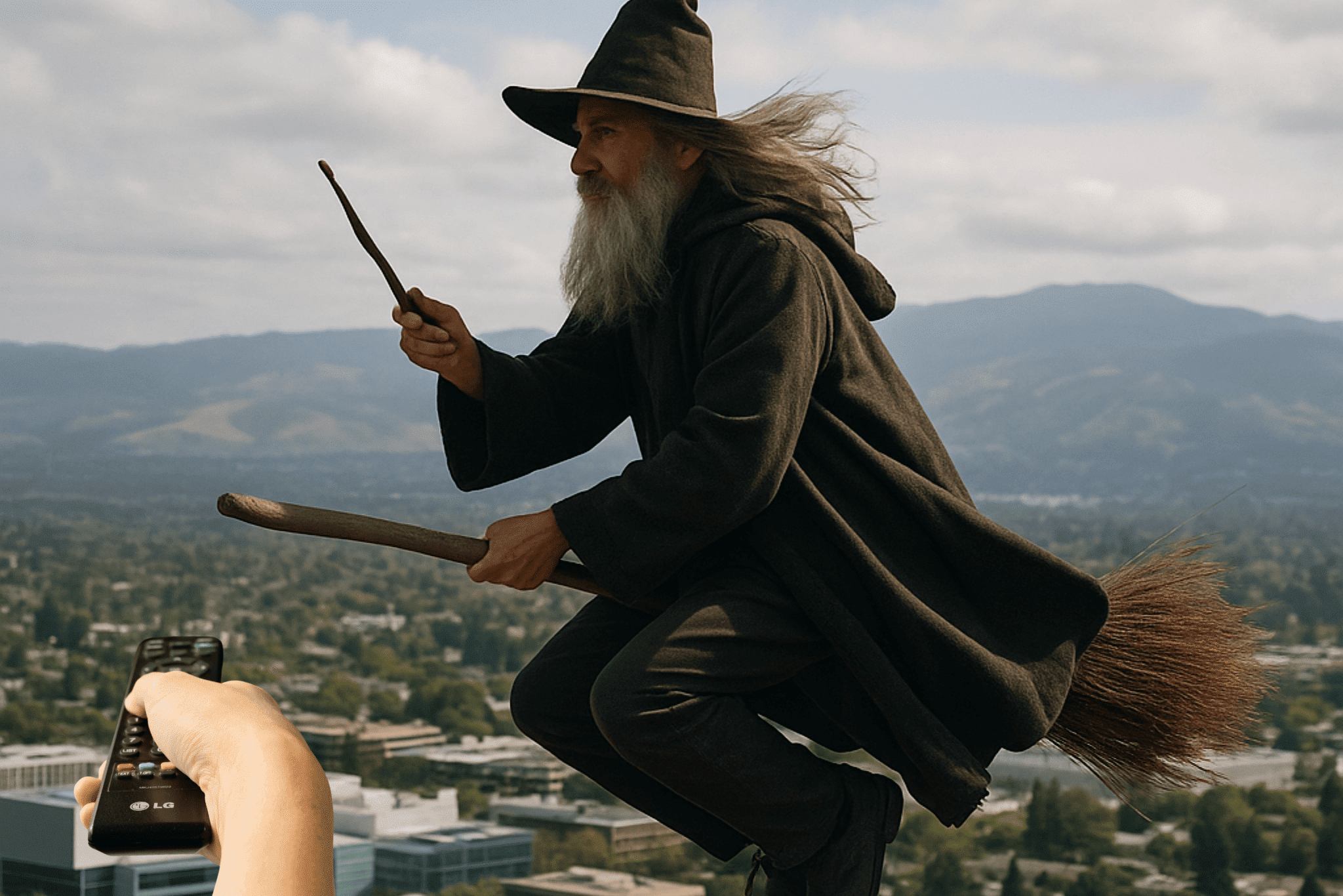 A wizard flying over silicon valley