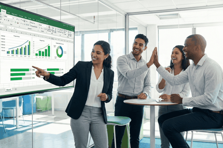 A corporate team evaluates performance with an OKR spreadsheet.